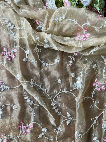 Sorelle Beige Organza Saree with Cut Dana Embroidery