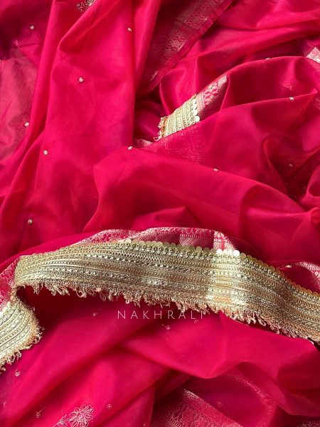 Kalpika  Red Organza Silk Saree With Jaimala Zardosi Motif Work