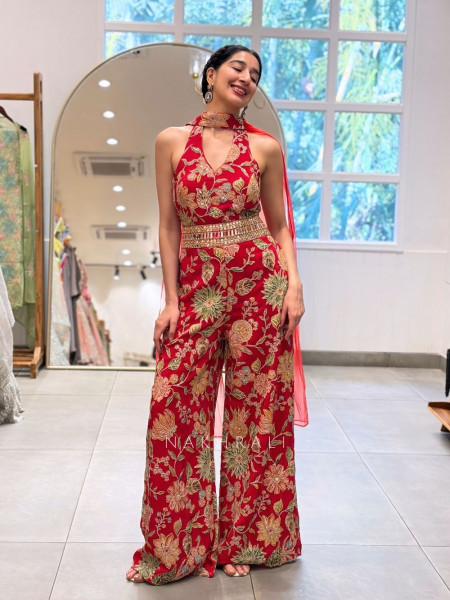 Kiara Red Jumpsuit with Floral Zari Work