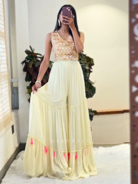 Cream Yellow Embellished Jumpsuit with Tassel Detail