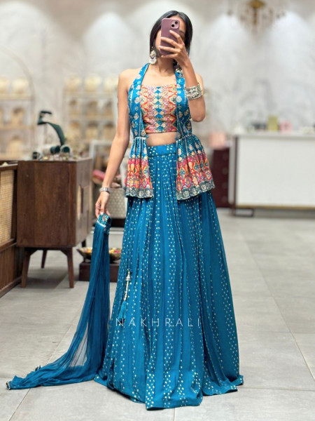 Teal Mirror Work Lehenga Set with Printed Jacket Blouse