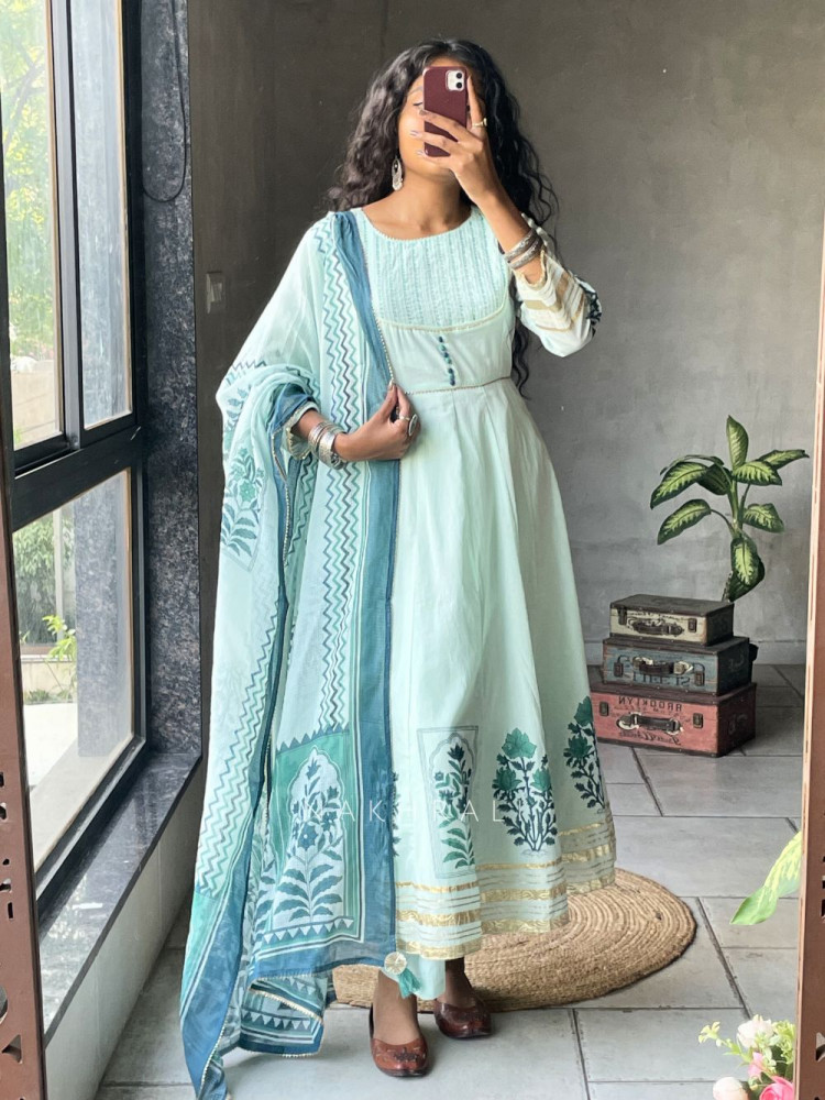 Image of Mishka Green Cotton Anarkali Suit Set with Print Work