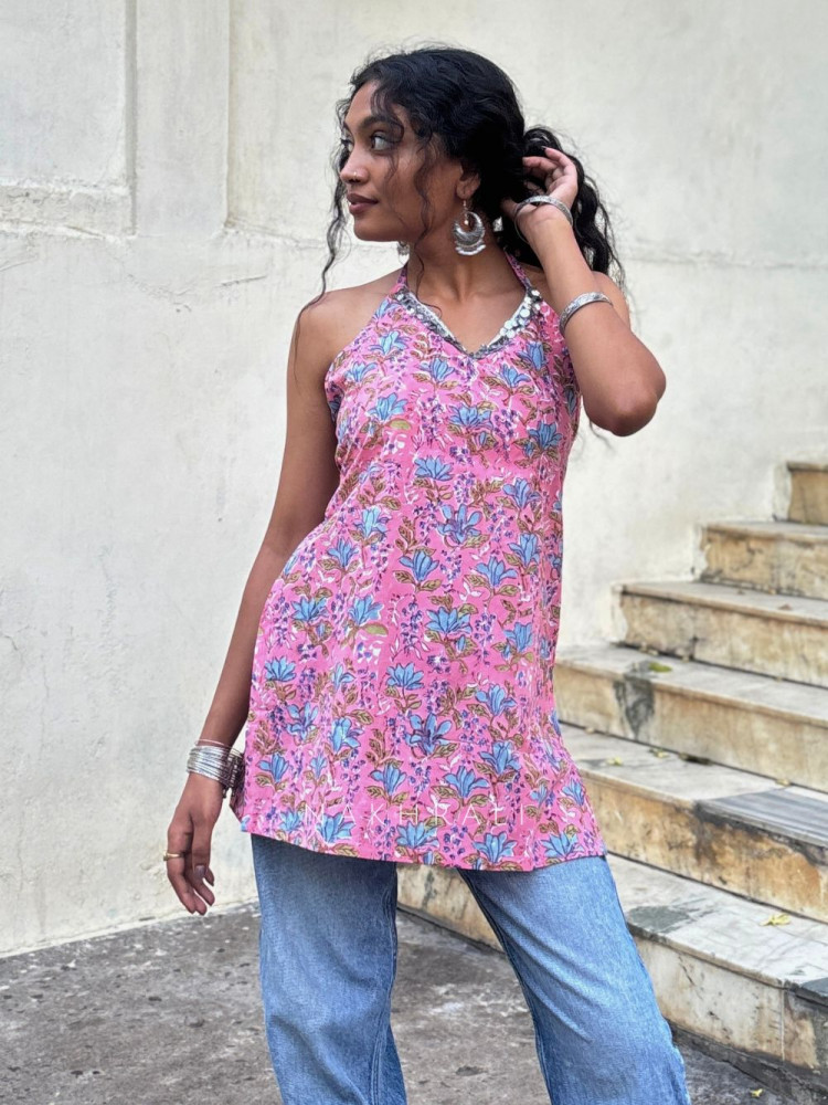 Image of Mirelle Pink Floral Printed Top with Sequin Neckline