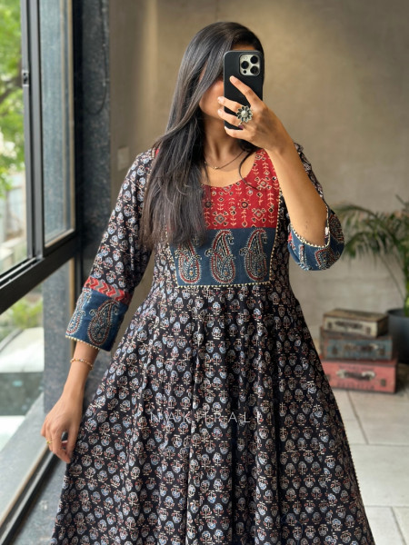 Moh Black Kalidar Block Printed Kurta