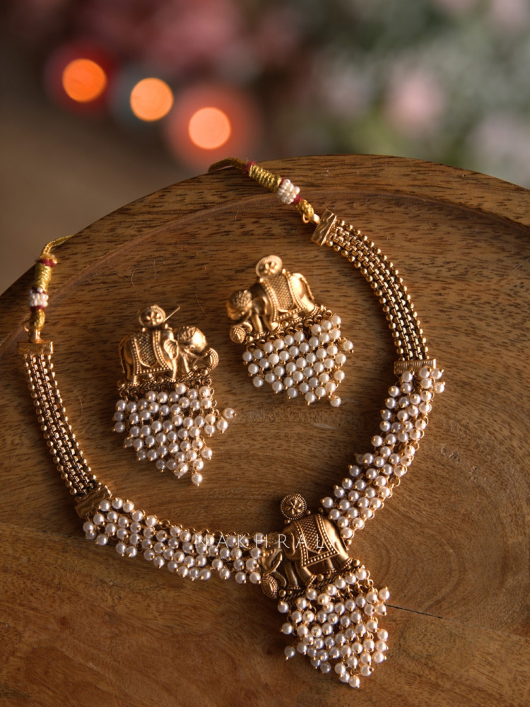 Image of Gajmangal Traditional White Necklace with Earrings