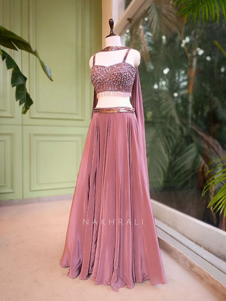 Image of Mocha Glow Nude Brown Embellished Lehenga Set