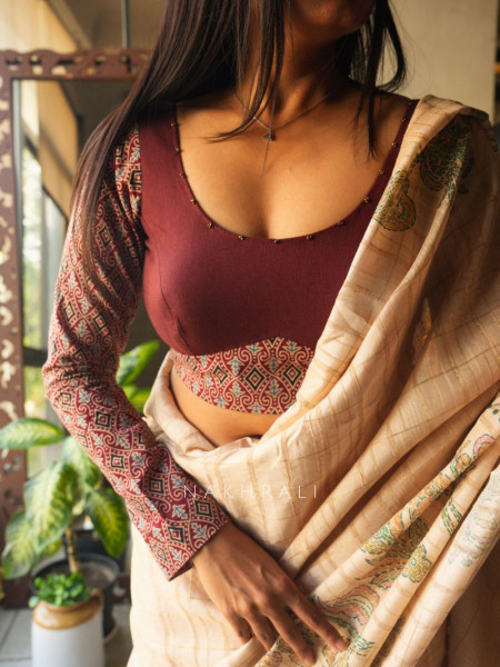Taal Rang Maroon Cotton Blouse with Beaded Neckline