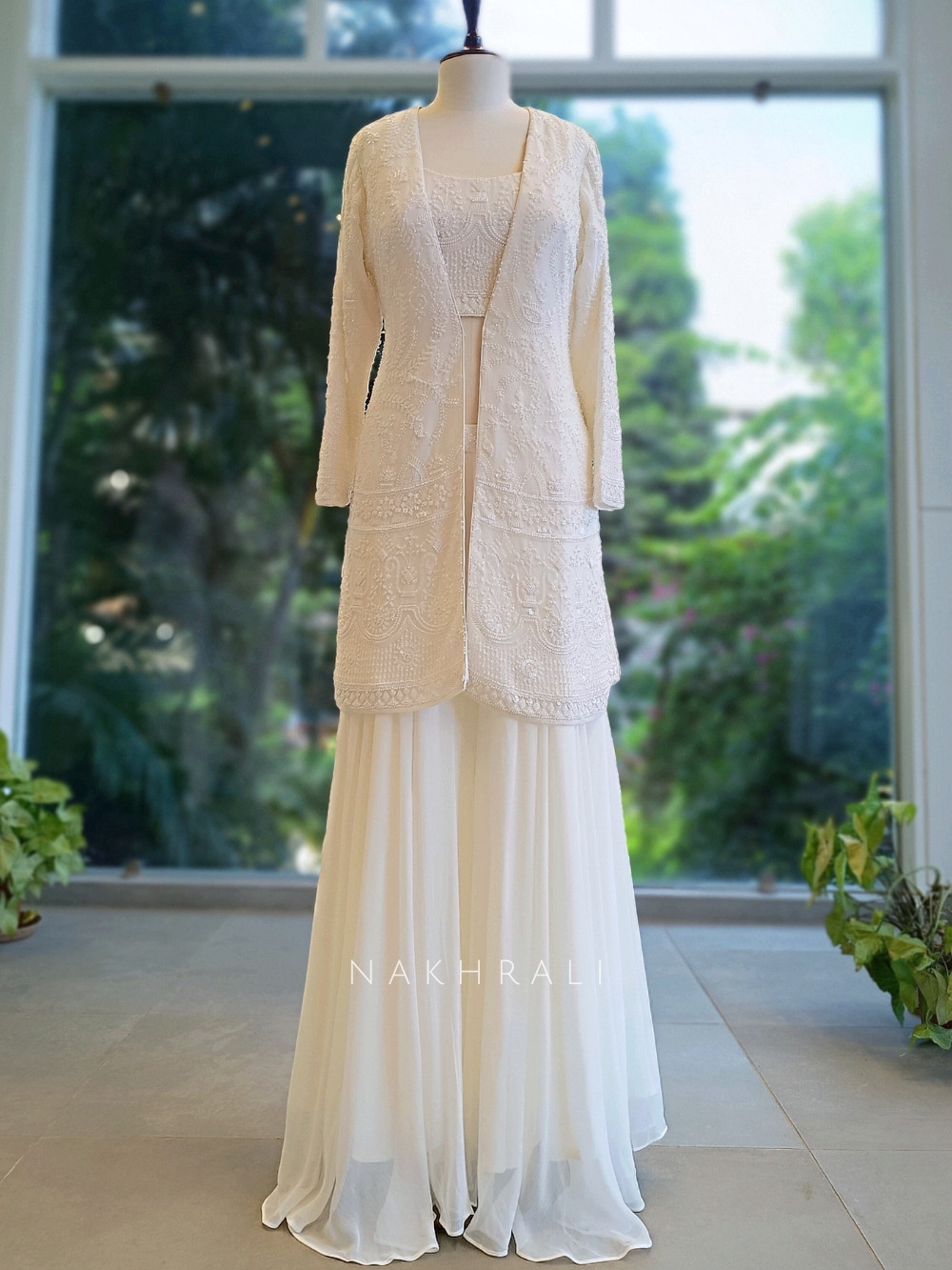 Pearl Chic Crop Top Plazo Set with Jacket White Indo-Western Outfit