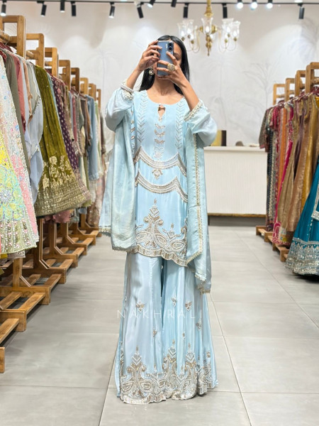 Zivora Sky Blue Palazzo Suit Set with Bead Sequin Cut Dana Work