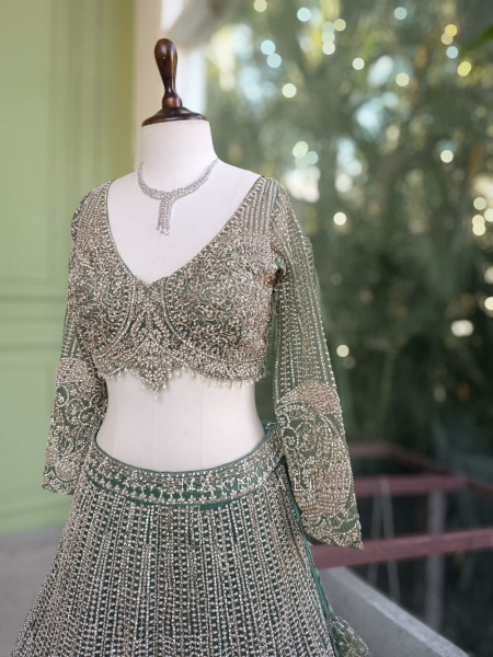 Ruvira Green Bridal Lehenga with Zari and Sequin Work