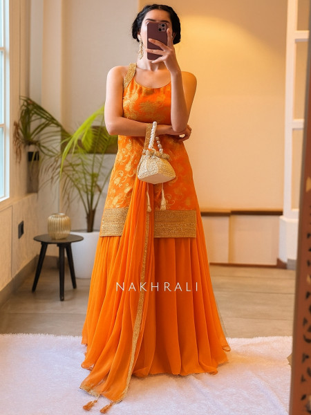 Soft Splendor Orange Suit Set with Necklace Dupatta