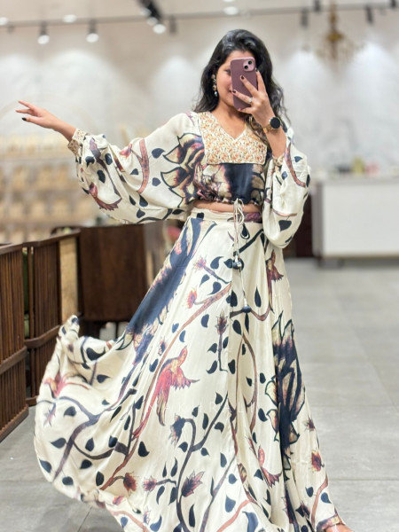 Ivory Bloom Printed Crop Top Skirt Set