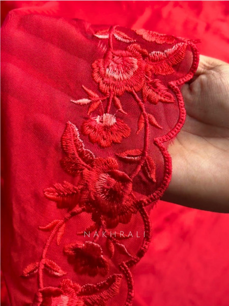 Flamingo Red Tissue Dress Material with Parsi Embroidery