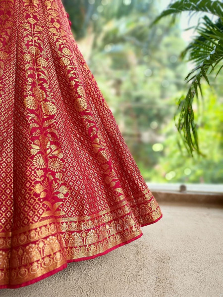 Veerangana Red Silk Bridal Lehenga with Zari Weave