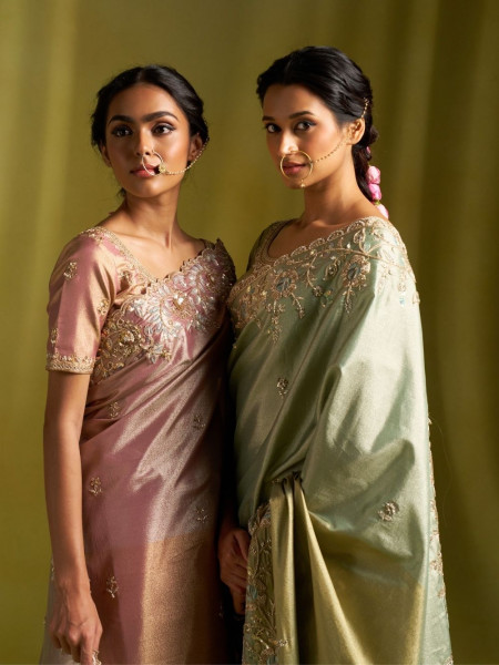 Blush Pink Tissue Dola Silk Saree with Zardozi Border Work
