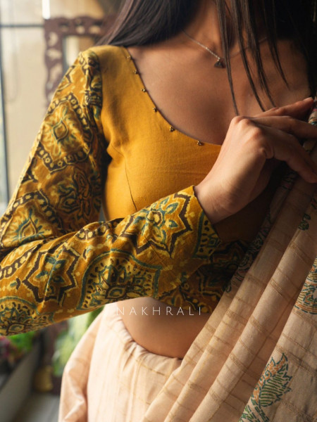 Taal Rang Mustard Cotton Blouse with Beaded Neckline