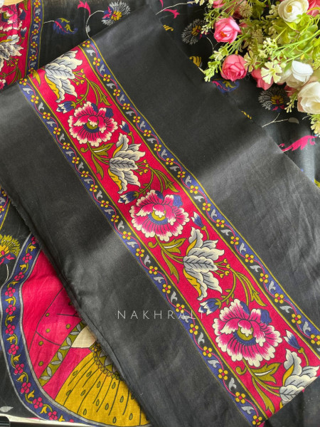 Cylora Black Cotton Dress Material with Floral Border Print