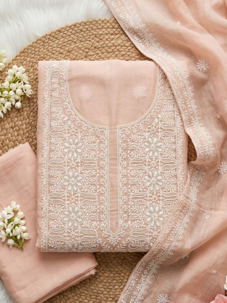 Solenne Peach Floral Embroidered Dress Material with Threadwork Dupatta