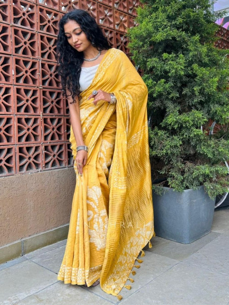 Shubhta Yellow Batik Printed Saree with Tassel Pallu