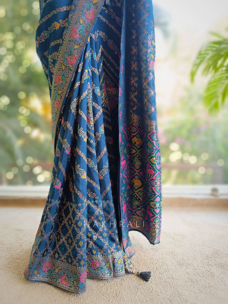 Solvara Blue Bandhani Saree with Traditional Border