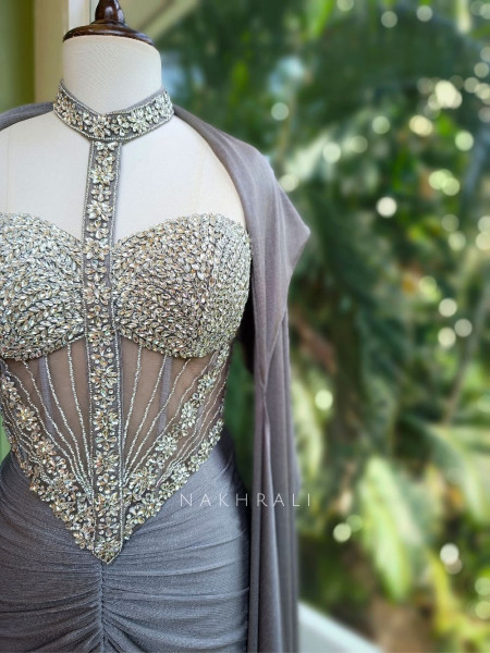 Serene Silver Corset Skirt Set with Stone Embellished Work