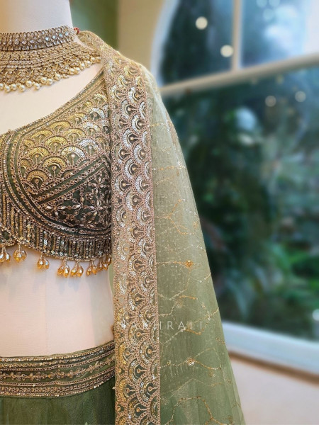Lustre Enchant Sage Green Net Lehenga with Heavy Embroidered Blouse