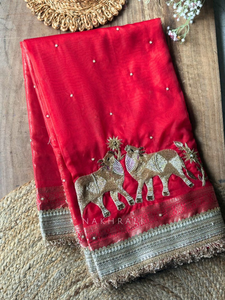 Vraj Ras Banarasi Tissue Silk Saree – Hand Embroidery & Zari Border