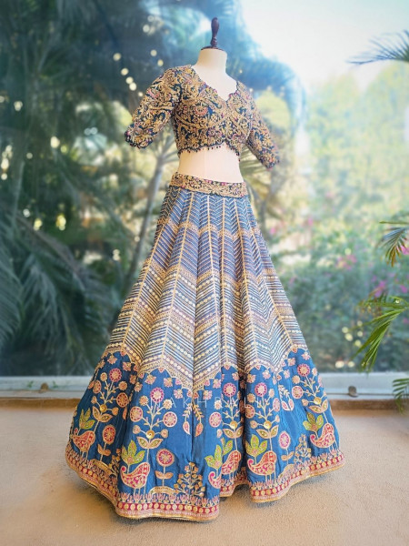 Briona Blue Bridal Lehenga Set with Zari Sequin and Gota Work