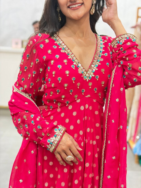 Chitrika Red Bandhani Sharara Suit Set with Mirror & Gota Patti Work