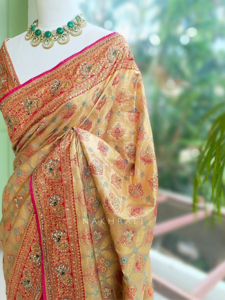 Sharvani Beige Saree With Meenakari Zari, Gota Patti & Zardozi Work