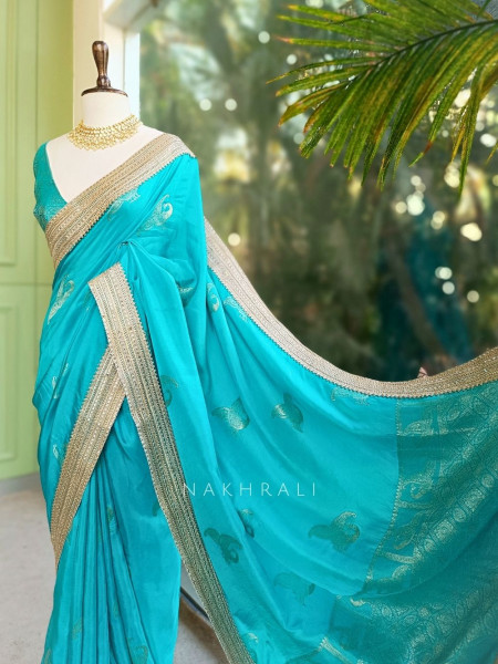 Tavira Rama Saree with Broad Border and Unstitched Blouse Piece