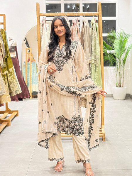 Lunara Beige Cutwork Embroidered Kurta Palazzo Suit Set