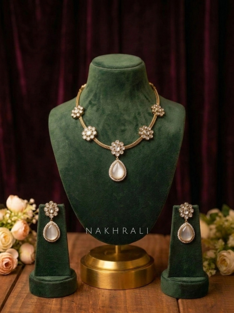 Image of Luniva Grey Necklace Set With Crystal and Teardrop Stone Detail