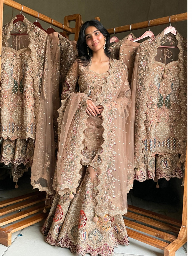 Image of Gilded Heirloom Beige Tulle Net &amp; Satin Silk Sharara Suit Set