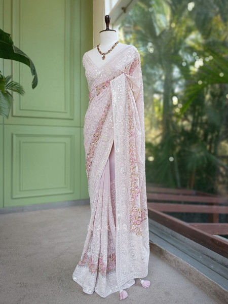 Ecru Grace  Purple Embroidered Elegance Saree with Sequin Detailing