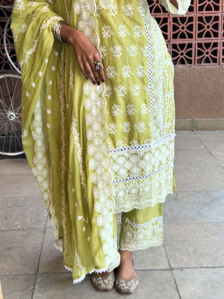 Mireya Green Cotton Suit Set with Lucknowi Embroidery