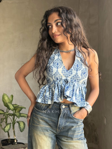 Tierra Flare Blue Printed Crop Top