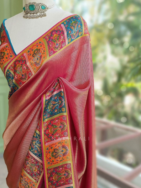 Triyogi Magenta Munga Tussar Soft Metallic Silk Saree with Pichwai Peacock Pallu