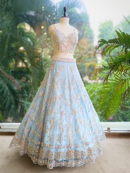 Aurelia Sky Blue Net Lehenga with Beads & Sequin Embroidery