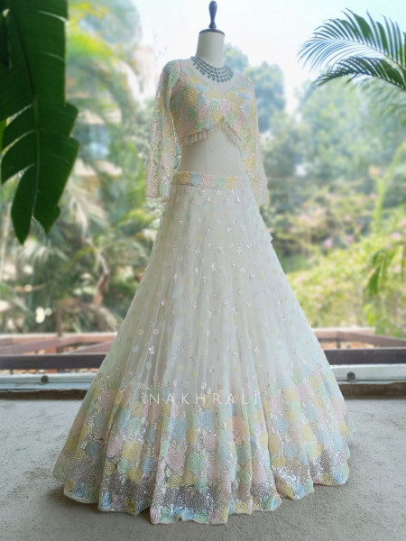 Brinelle Cream Net Lehenga with Floral Cut Dana Work