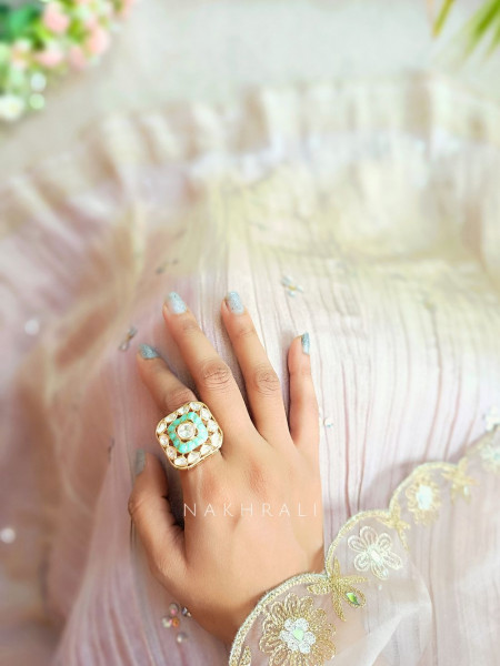 Aqua Glow Sea Green Adjustable Ring with Kundan Work