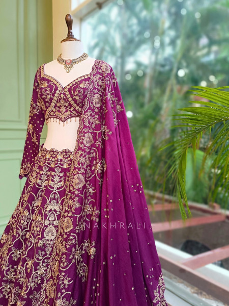 Gulzari Wine Raw Silk Lehenga Set