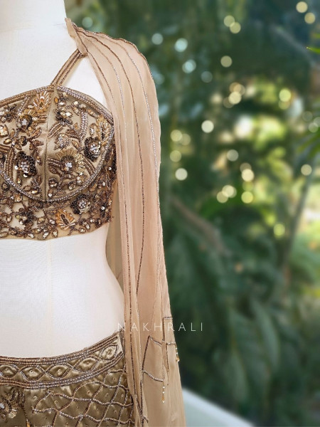 Arista Brown Satin Indo-Western Lehenga with Sequin Bead Work