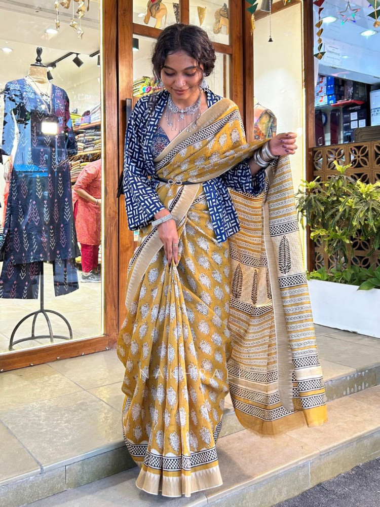Image of Umang Yellow Block Printed Saree with Traditional Motifs