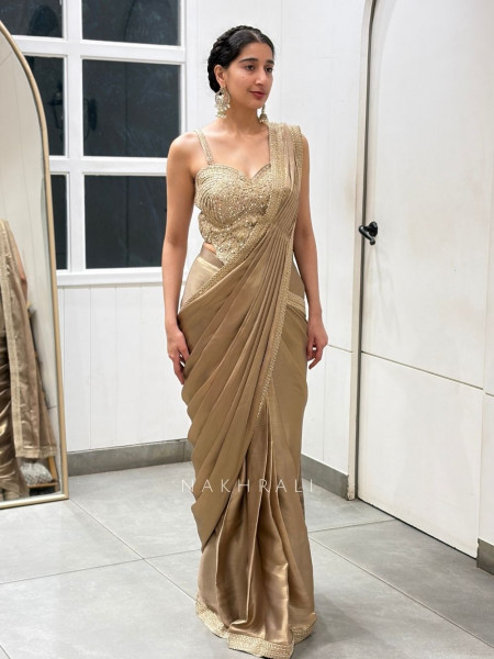 Velo Brown Drape Saree with Mirror Embroidered Blouse