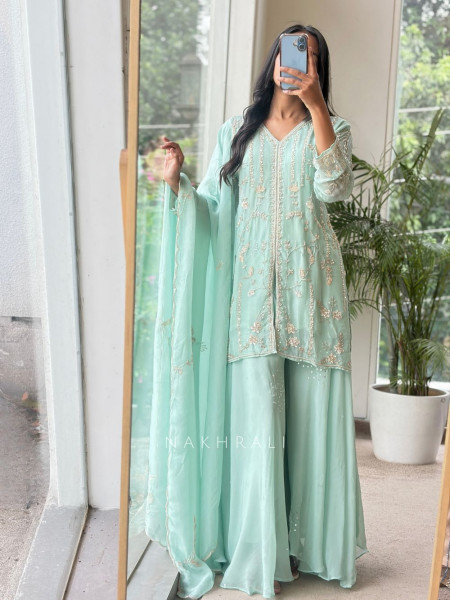 Sorrel Sea Green Organza Georgette Layered Sharara Suit Set