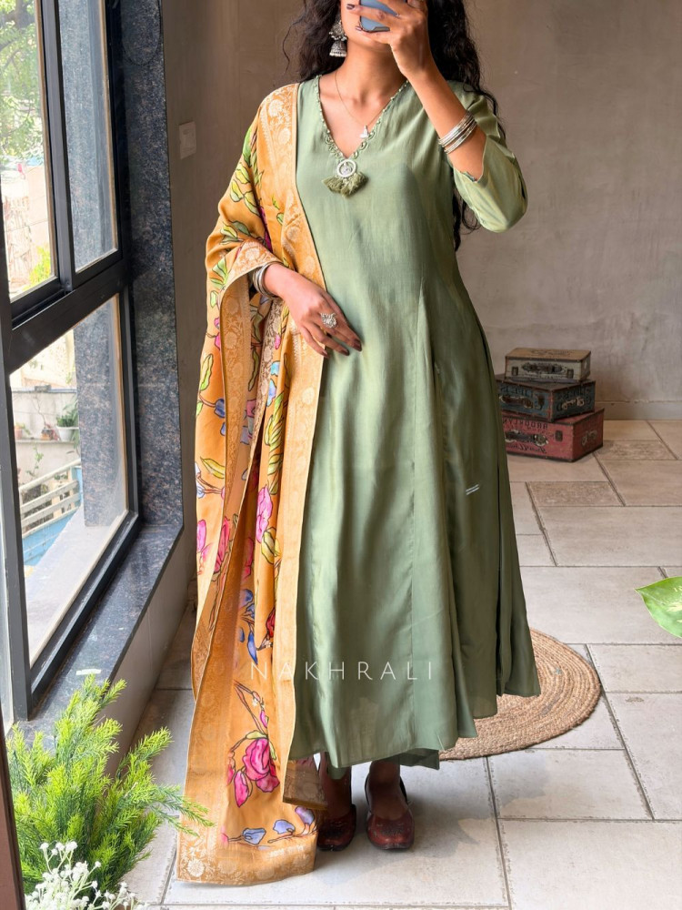 Image of Zyrika Rama Green Anarkali Suit Set with Floral Dupatta