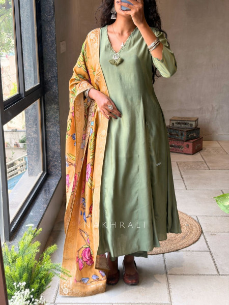 Zyrika Rama Green Anarkali Suit Set with Floral Dupatta