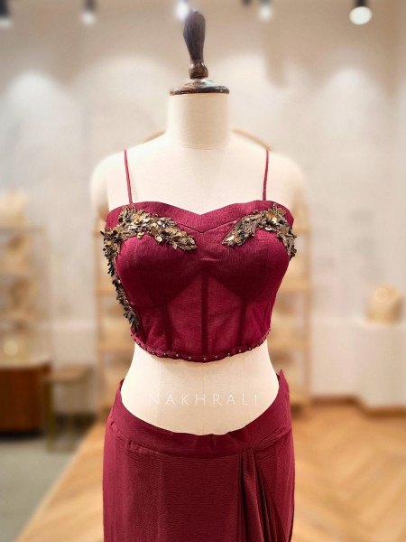 Riyana Maroon Pre-Draped Saree with Corset Blouse