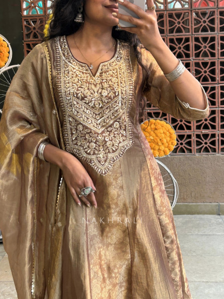 CelestialGleam  Beige Tissue Organza Silk Anarkali Suit Set